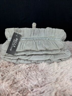 Bella Collection Silver Gray Ruffled Evening Clutch Purse NWT